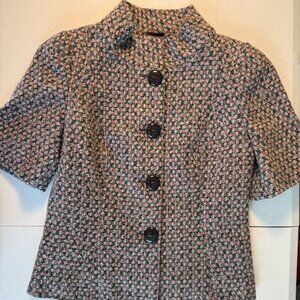 Benetton Cropped Tweed Blazer – Gray/Pink/White | Short Sleeve, Wool Blend Look